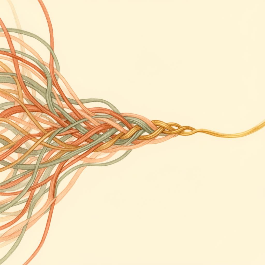 Illustration of colorful threads tangled on the left, gradually weaving into a single calm gold thread on the right — a metaphor for finding clarity through ADHD